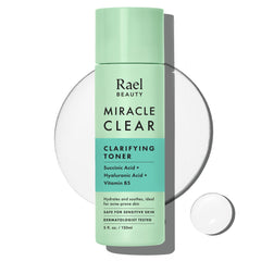 Rael Miracle Clear Toner bottle closeup for balanced skin and daily blemish-prone care.