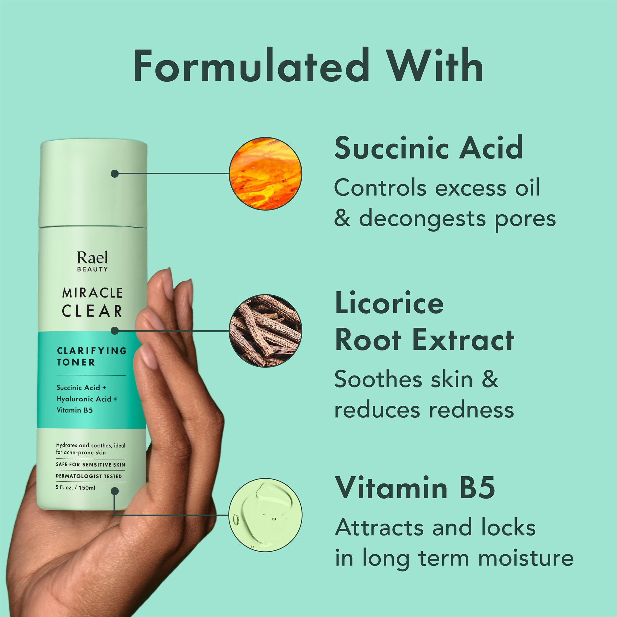 Rael Miracle Clear Toner hydration boost with Vitamin B5 on skin.