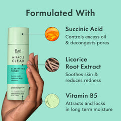 Rael Miracle Clear Toner hydration boost with Vitamin B5 on skin.
