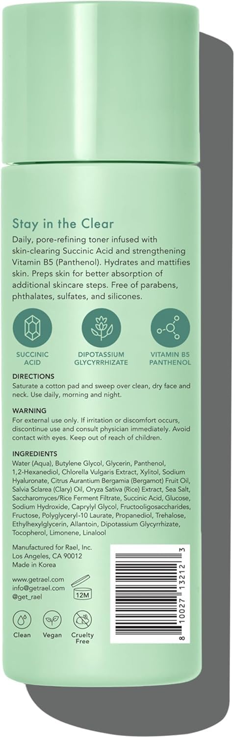 Rael Miracle Clear Toner label closeup emphasizing clean, paraben-free formula.