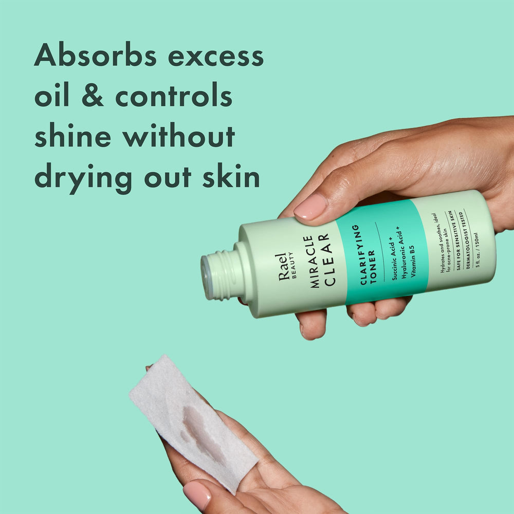 Rael Miracle Clear Toner applied to skin, showing oil control and pore refinement.