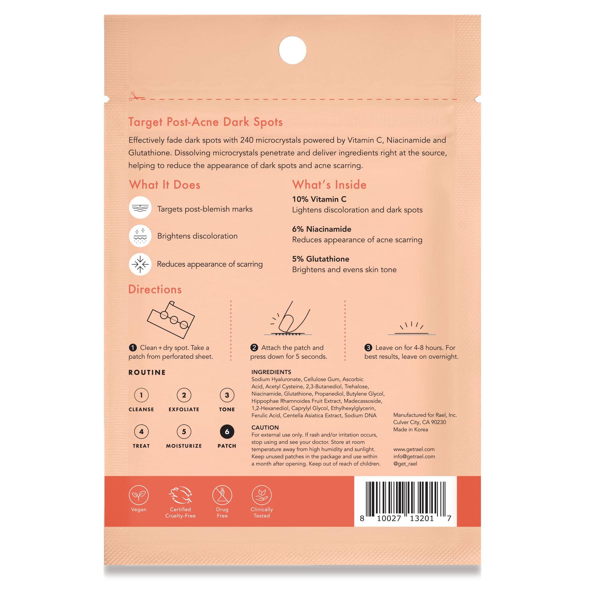 Rael patch after-use glow on skin hints at brightening and even tone support.