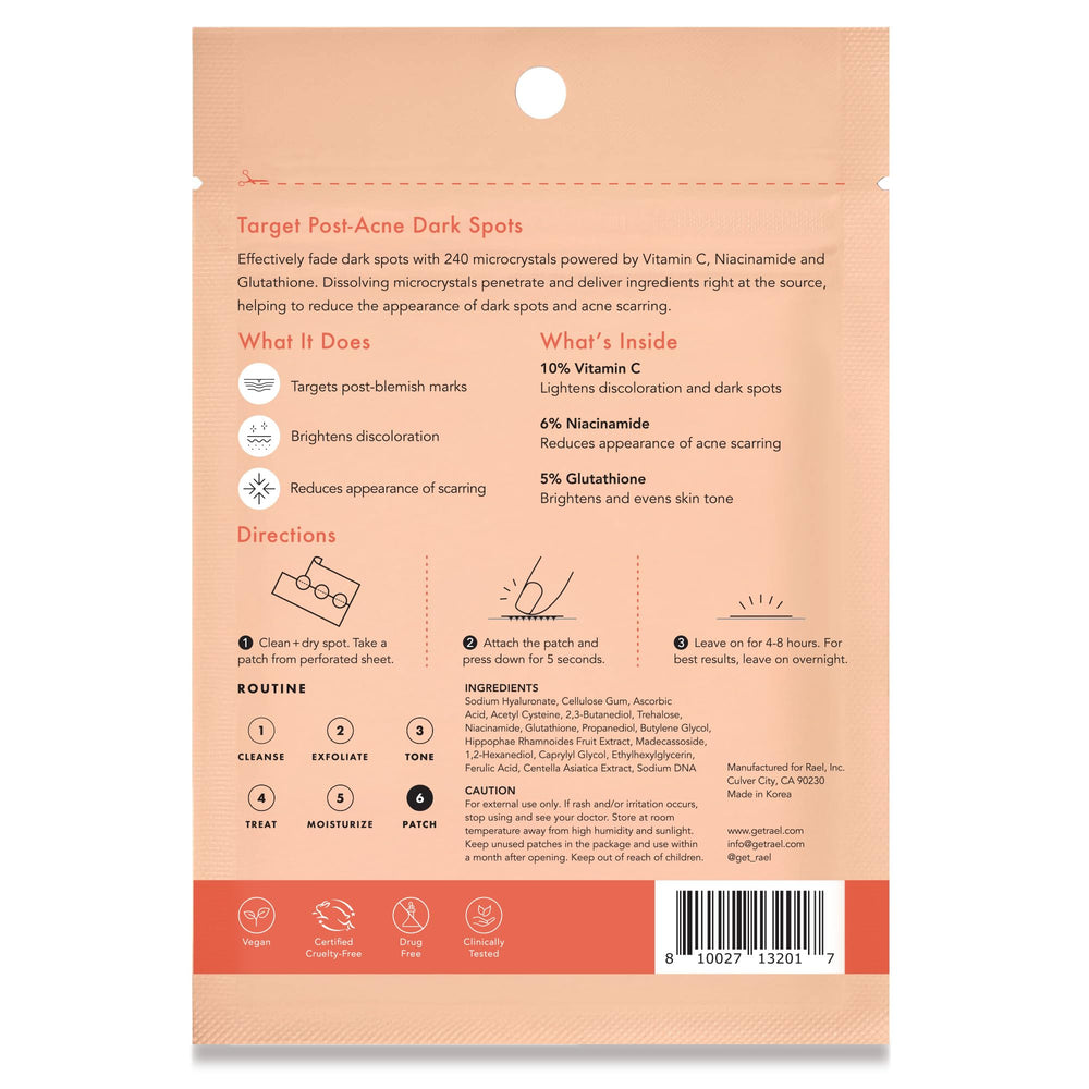 Rael patch after-use glow on skin hints at brightening and even tone support.