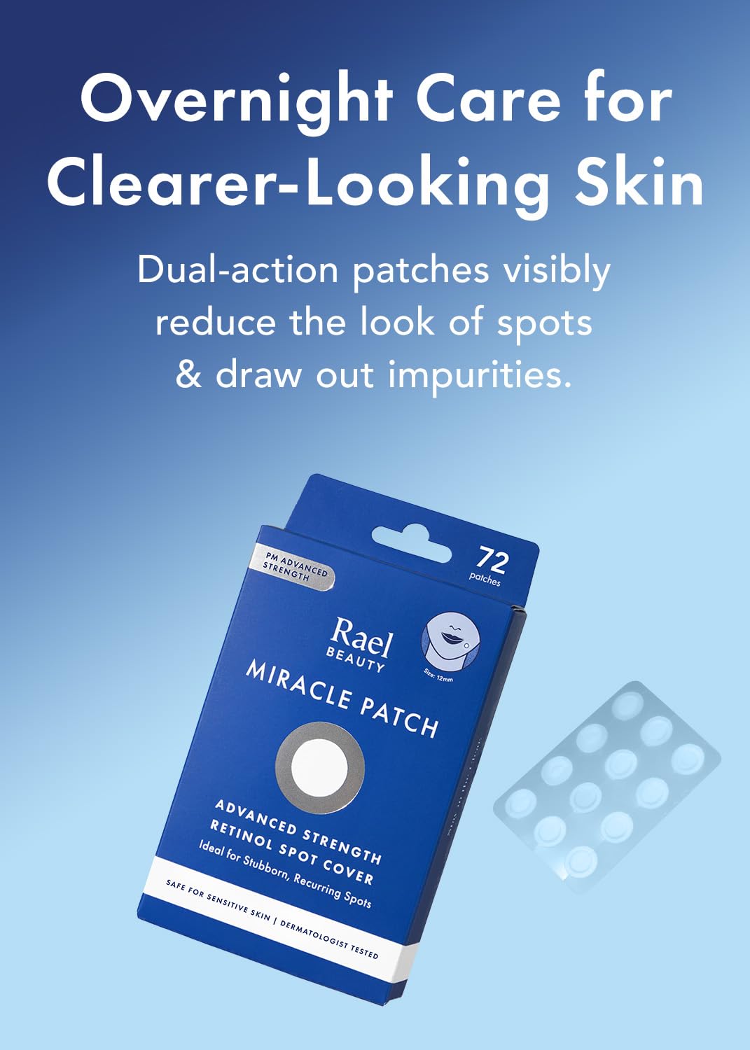 Rael pimple patches close-up on a blemish showing hydrocolloid protection and fluid absorption.