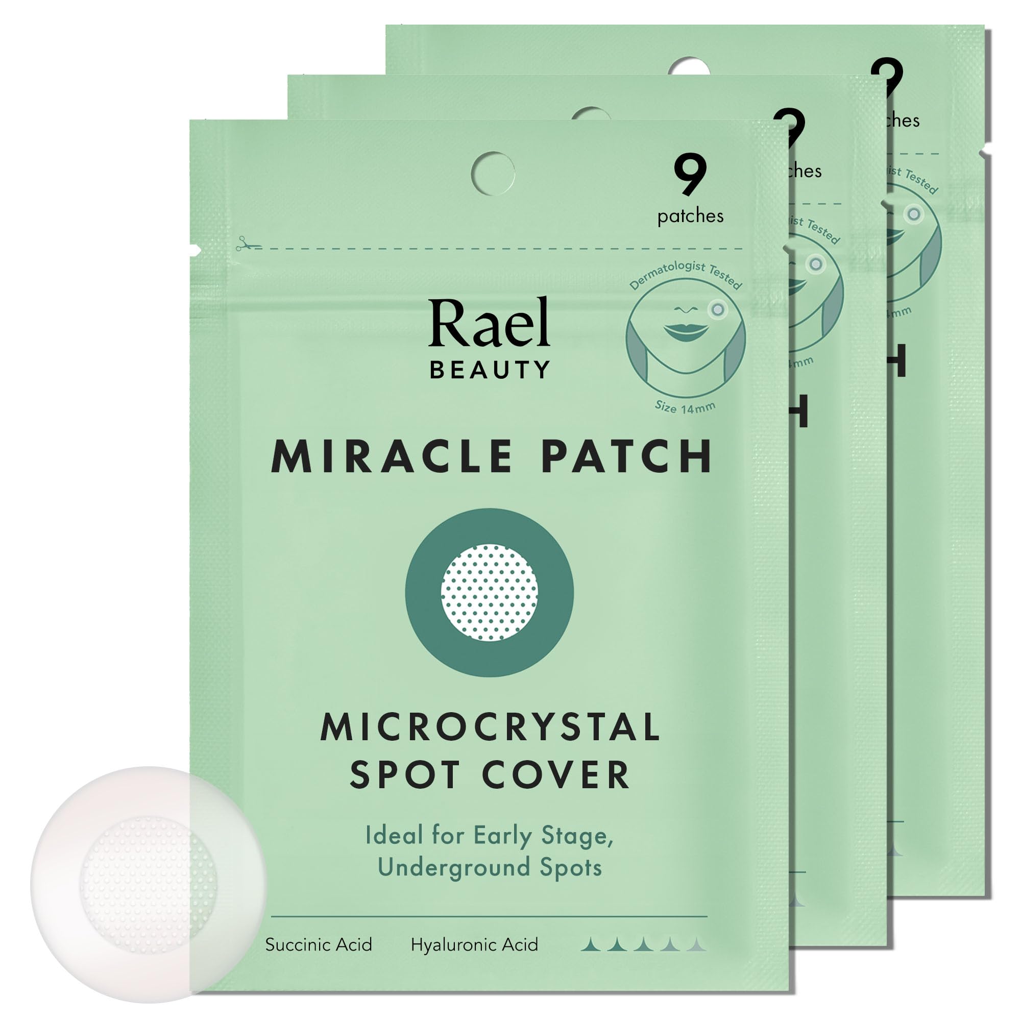 Rael pimple patches on an early blemish for discreet protection and support.