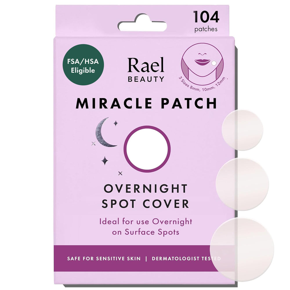 Rael pimple patches packaging close-up shows three-size set for overnight coverage.