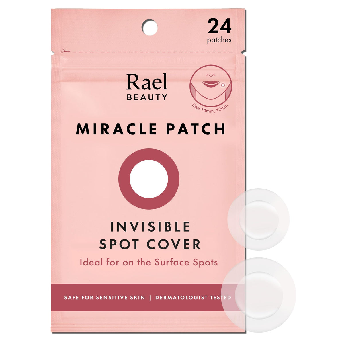 Rael Pimple Patches packaging shows discreet, travel-friendly hydrocolloid solution.