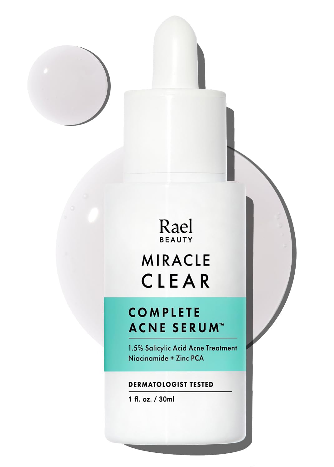 Rael Serum for Face bottle closeup highlighting clean packaging for clear skin support