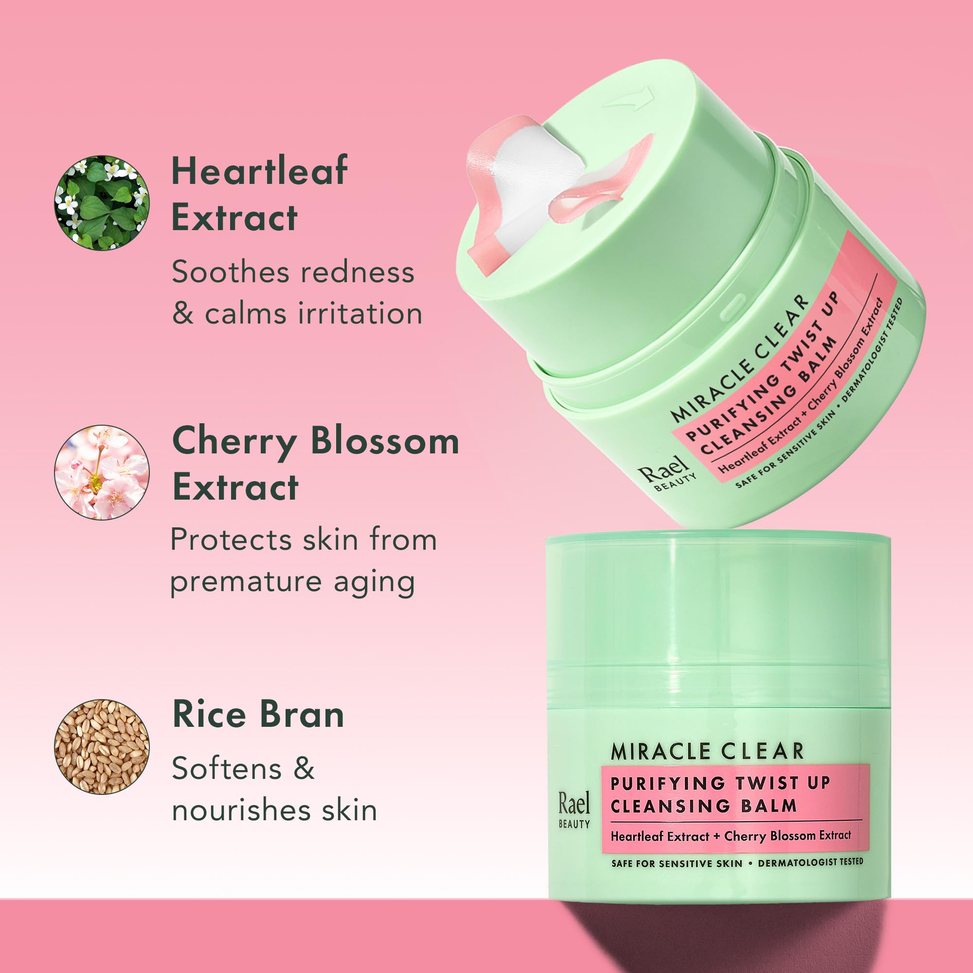 Rael tamanu oil infusion image emphasizes soothing, non-irritating cleansing.