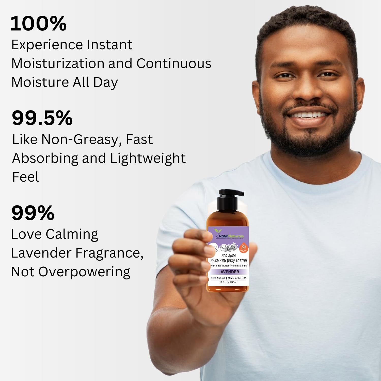 RaGaNaturals lotion bottle with lavender sprigs communicates calming daily self care