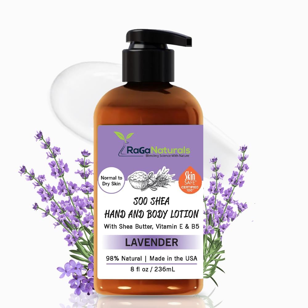 RaGaNaturals Lavender Shea Butter Lotion jar shows rich moisture for all day hydration