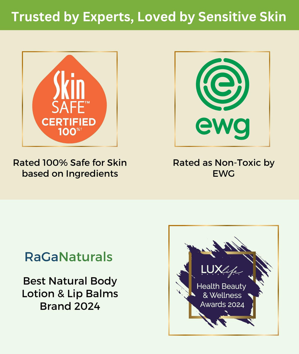 RaGaNaturals unscented lotion made-in-USA badge signals trusted, quality skincare.