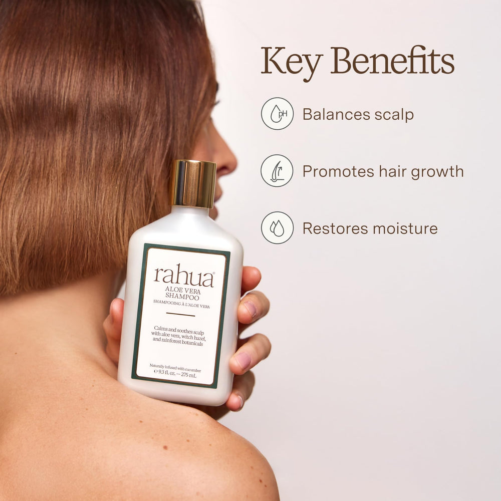 Rahua Aloe Vera Shampoo label close-up emphasizing aloe hydration and soothing scalp.