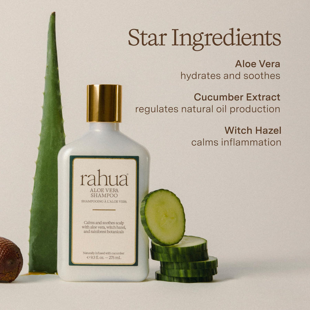 Rahua Aloe Vera Shampoo being massaged into scalp for gentle clarifying cleanse.