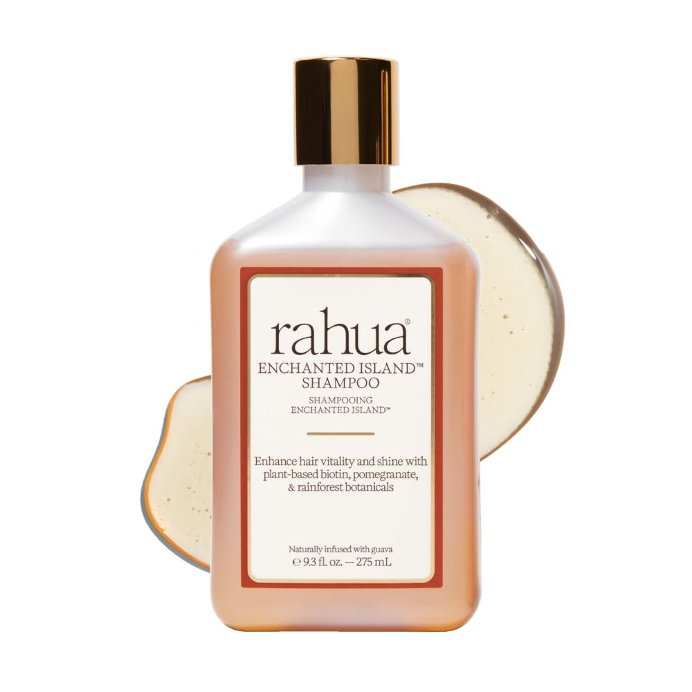 Rahua Enchanted Island Shampoo bottle front promotes vegan cleansing for all hair types and shine.