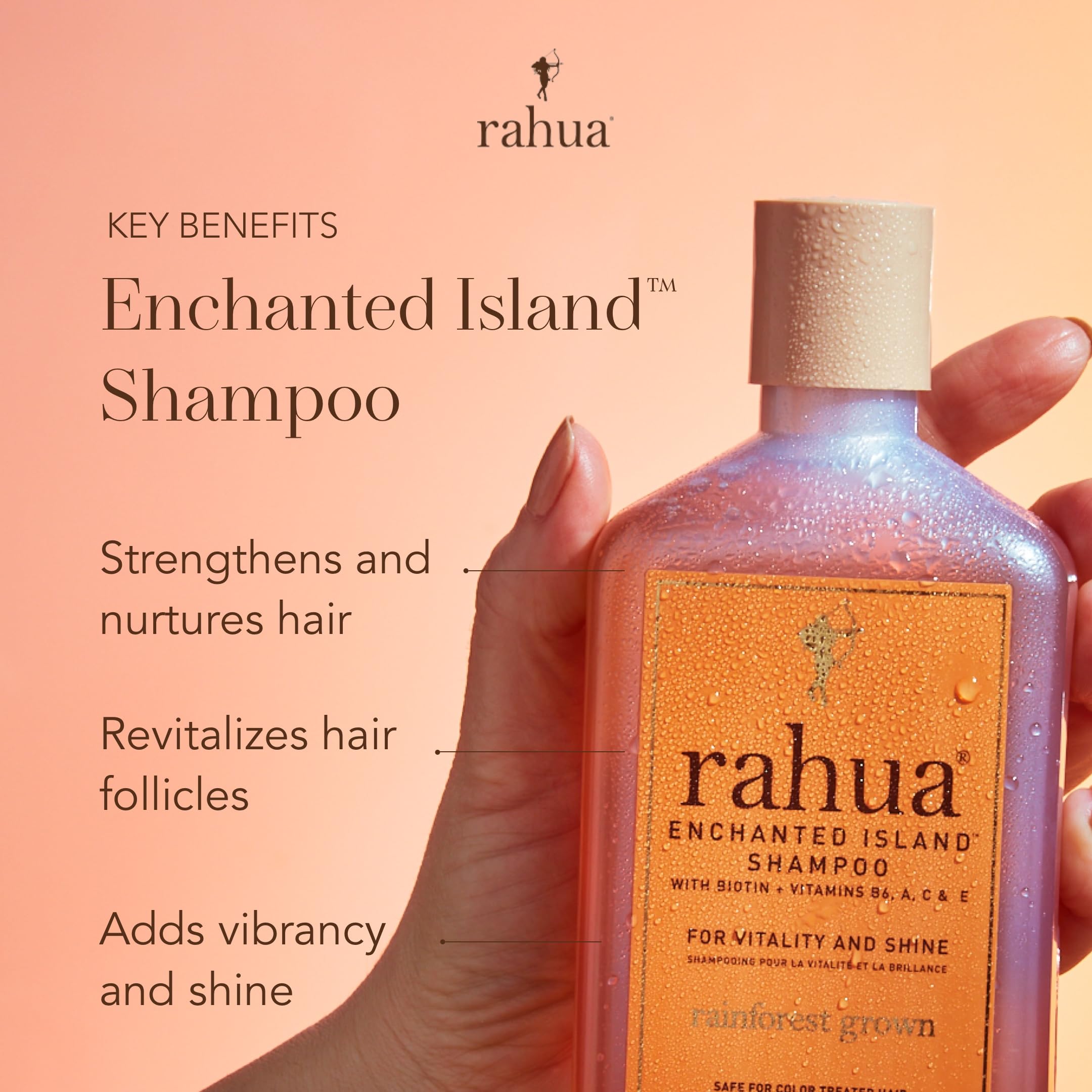 Rahua Enchanted Island Shampoo lather closeup shows gentle daily cleanse for all hair types.