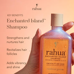 Rahua Enchanted Island Shampoo lather closeup shows gentle daily cleanse for all hair types.