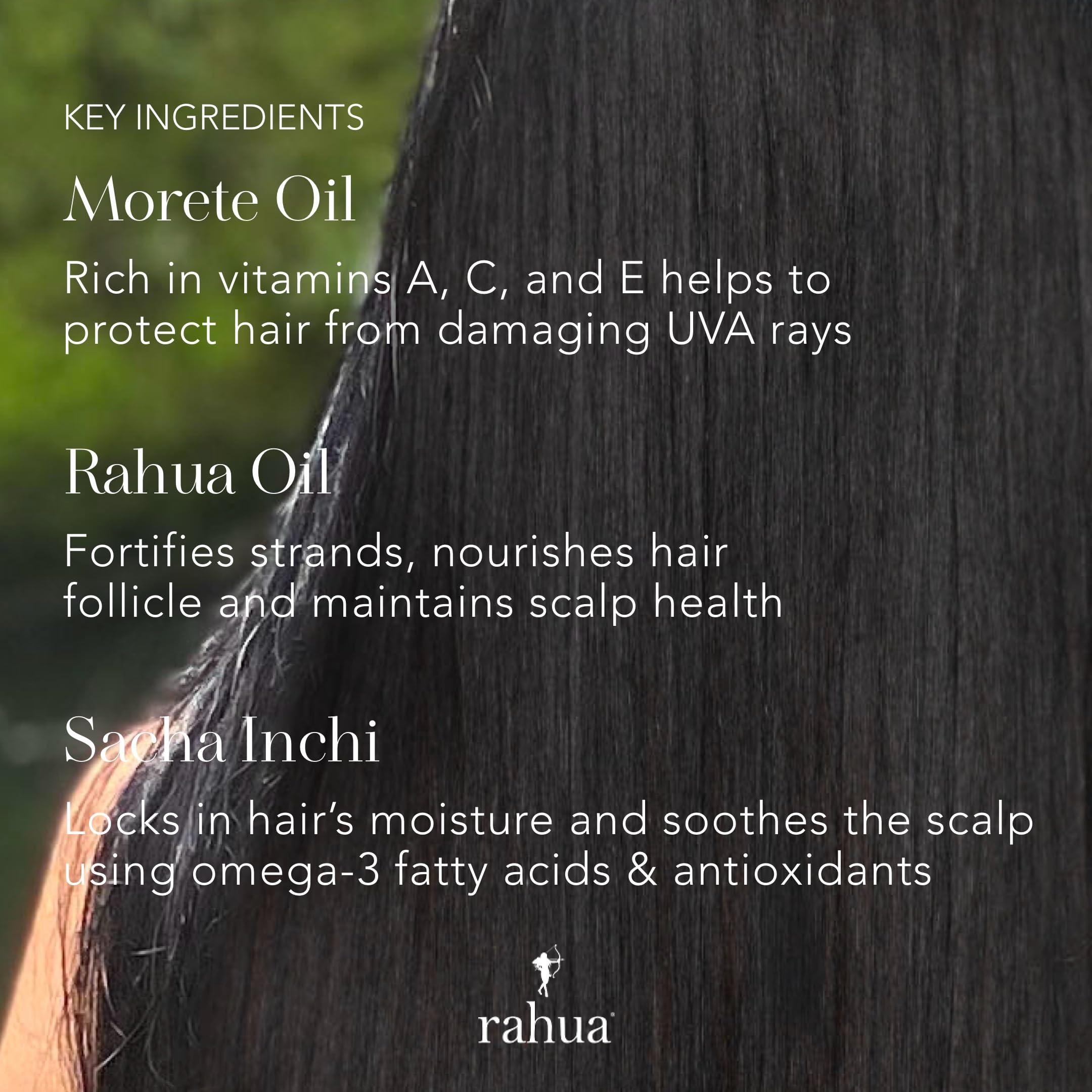Rahua Morete oil bottle illustrates nourishing support for vibrant, healthy-looking hair.