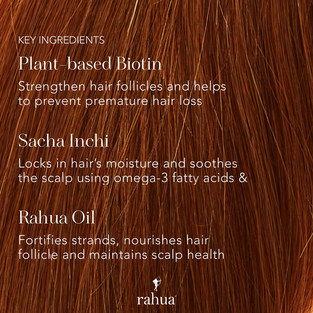 Rahua rich oil blends Morete Sacha Inchi highlight nourishing strength for follicles.