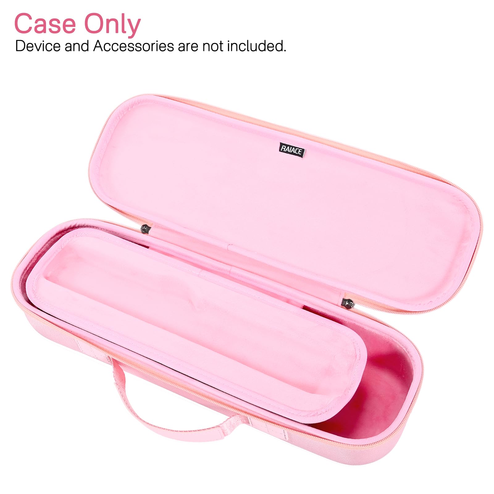 RAIACE pink travel-ready case profile showing compact, lightweight design for bags.
