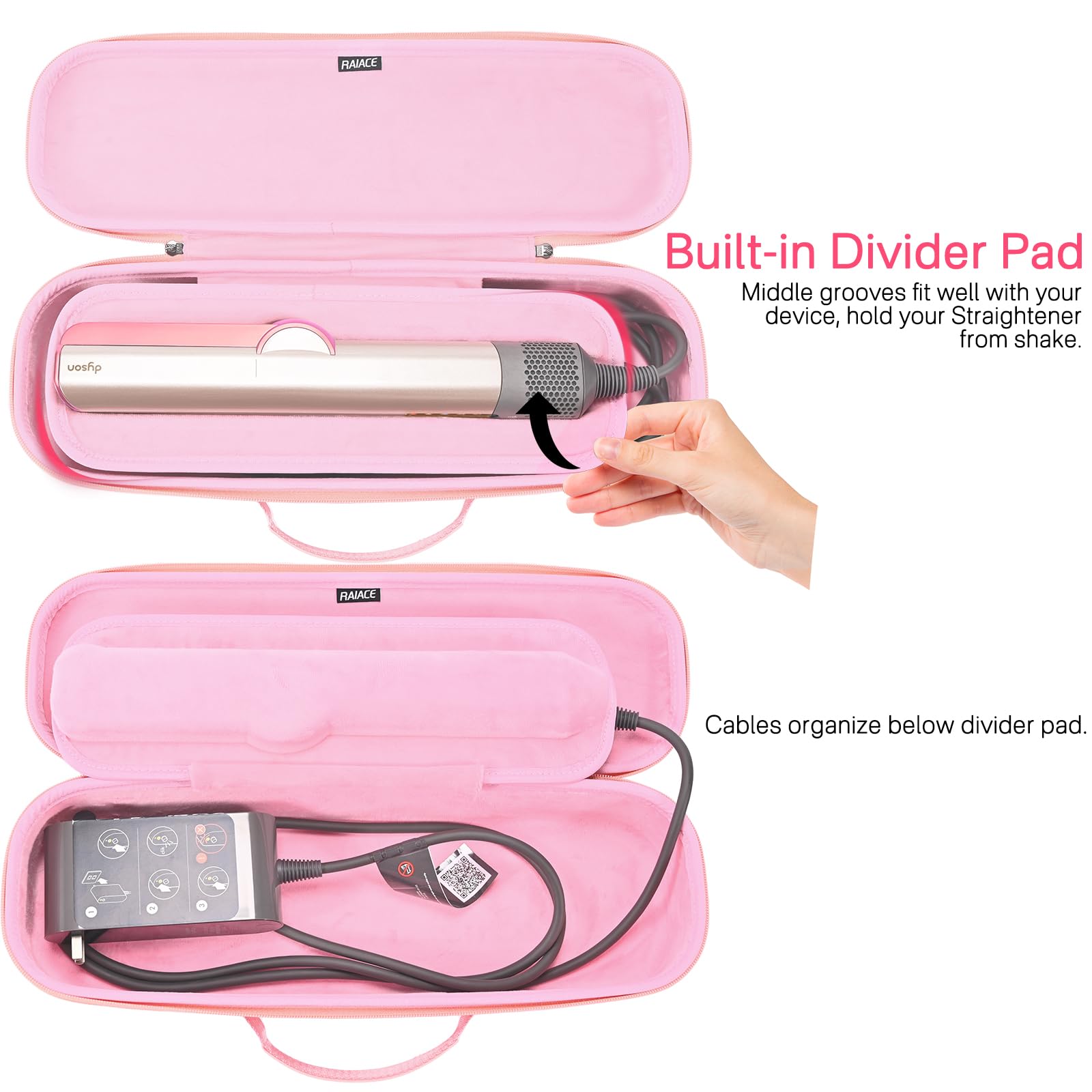 RAIACE pink hard case zipper close-up showing durable YKK closure for secure access.