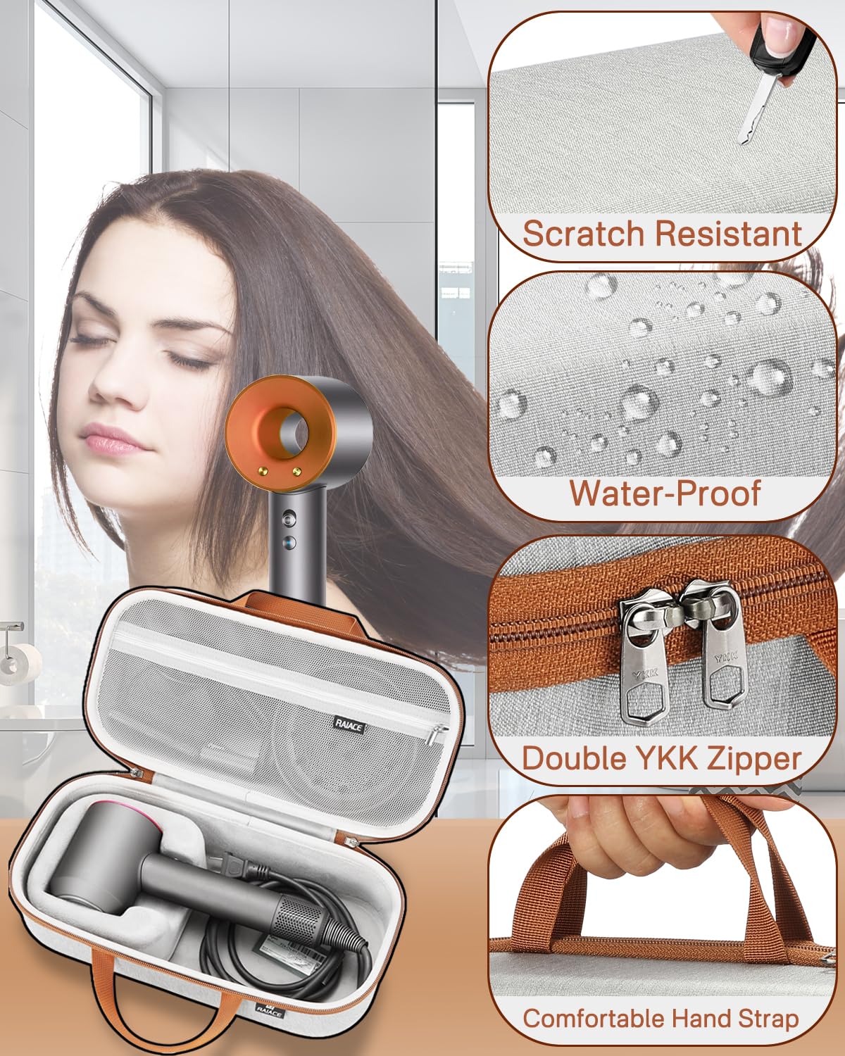 RAIACE case includes anti-slip handle for comfortable carrying.