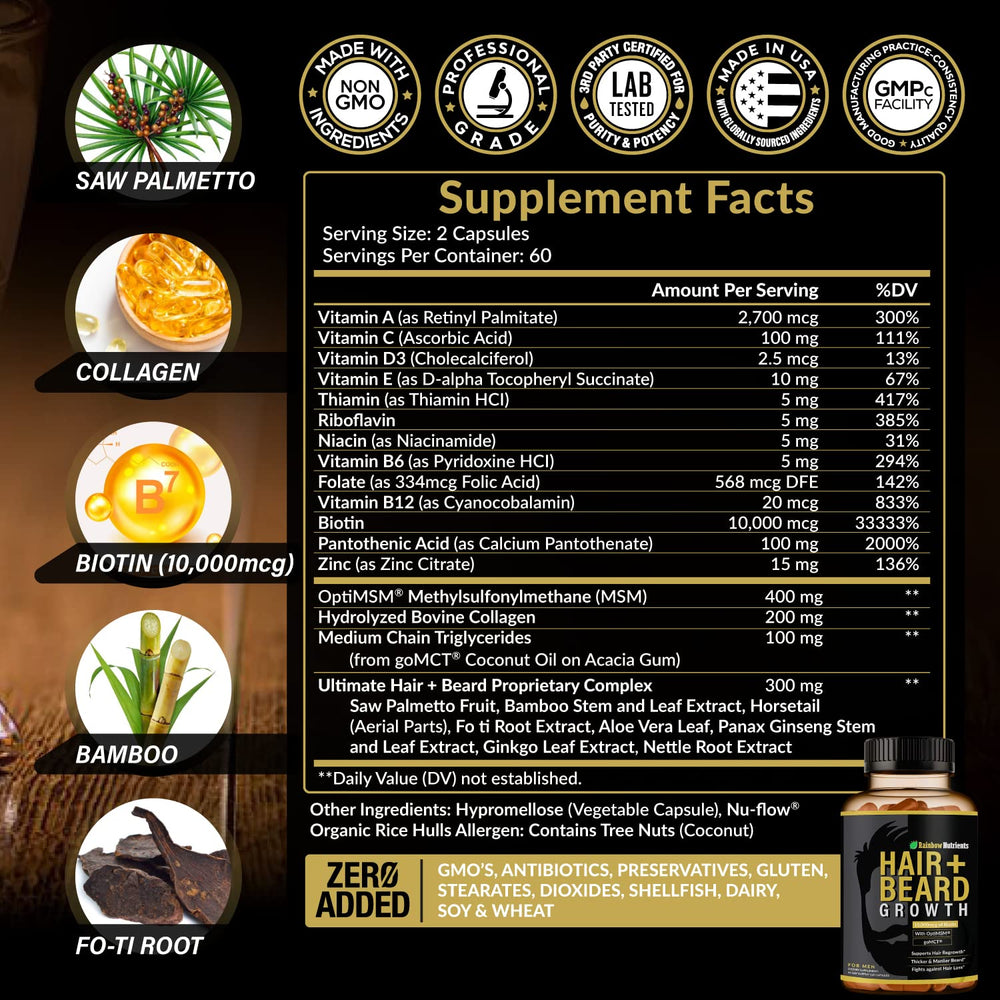 Rainbow Nutrients hair growth capsules closeup highlights nourishing ingredients.