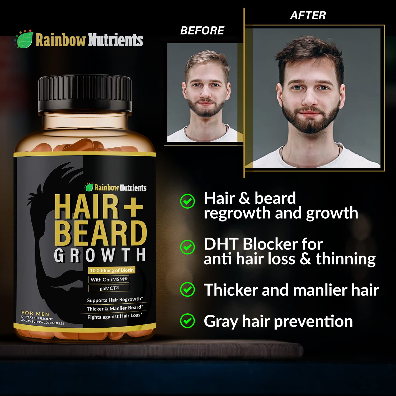 Rainbow Nutrients saw palmetto bottle suggests natural support for hair vitality.