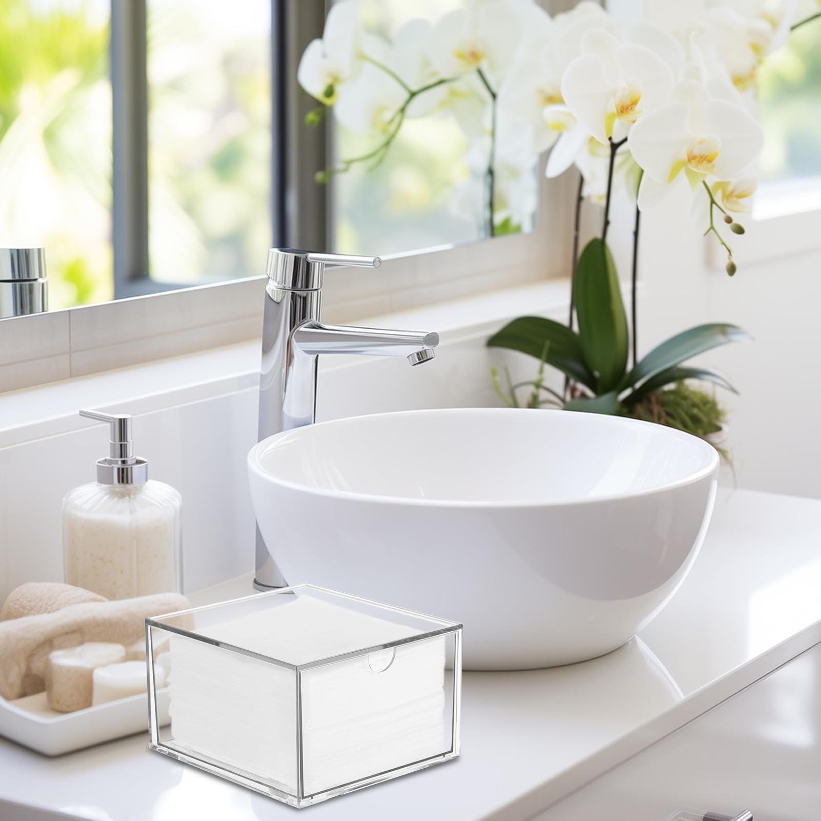 Rainmae disposable face towel holder with drawer open demonstrates easy access to stored towels