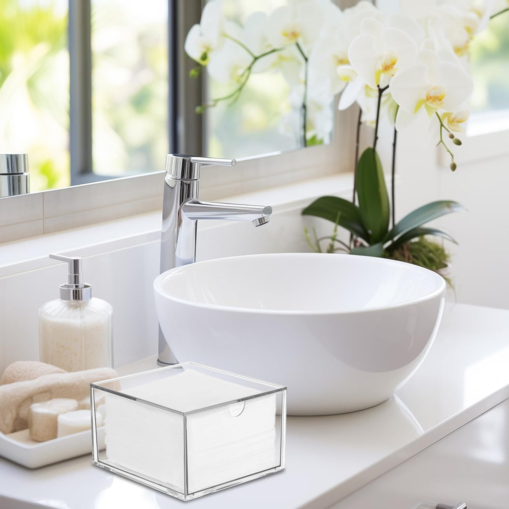 Rainmae disposable face towel holder with drawer open demonstrates easy access to stored towels