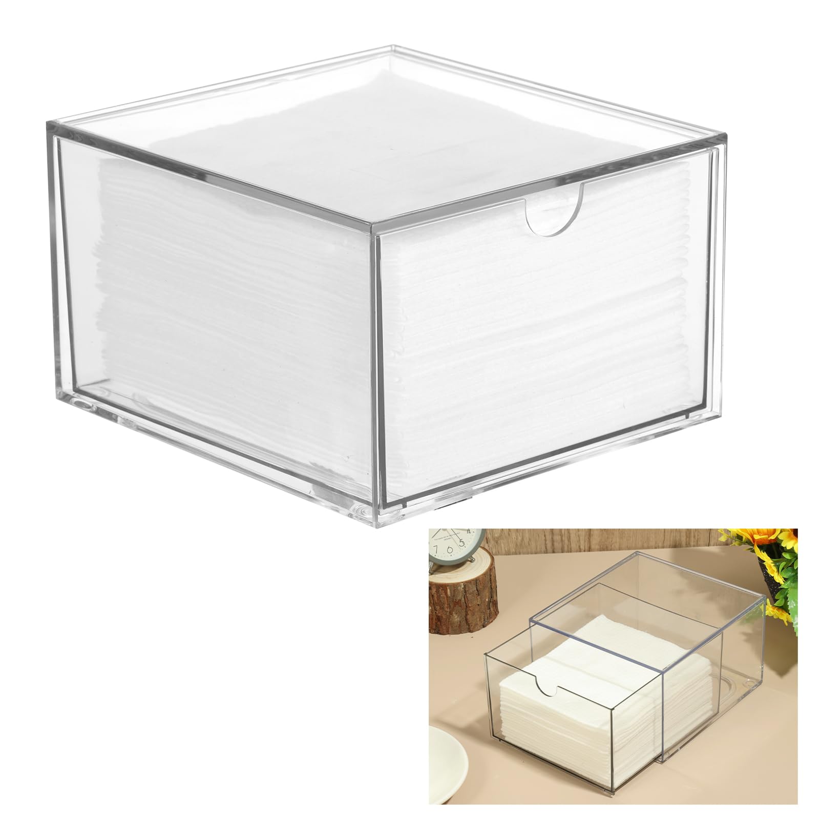 Rainmae disposable face towel holder top view shows compact vanity storage for XL towels