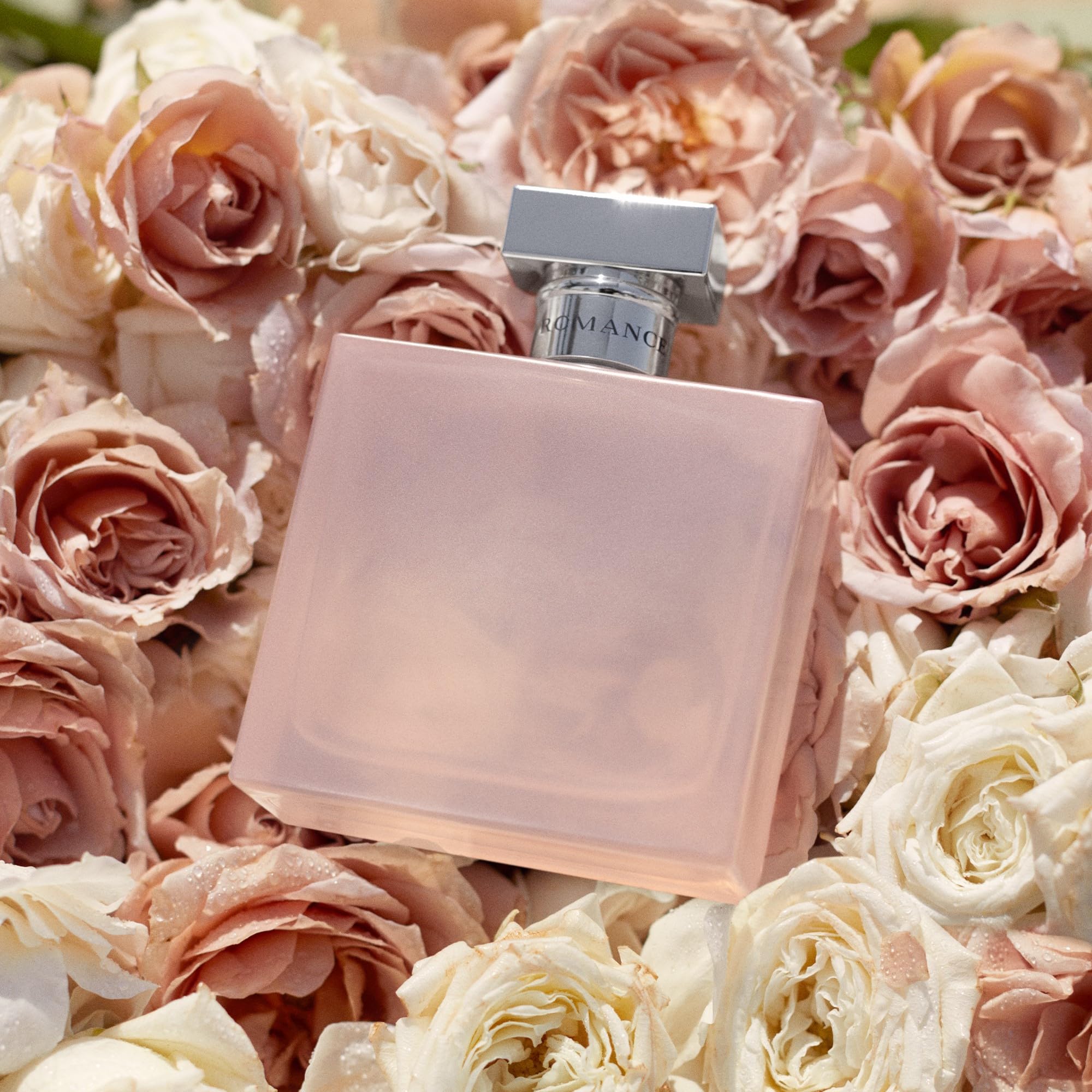 Ralph Lauren Beyond Romance frosted pink bottle displayed on vanity for daily ritual