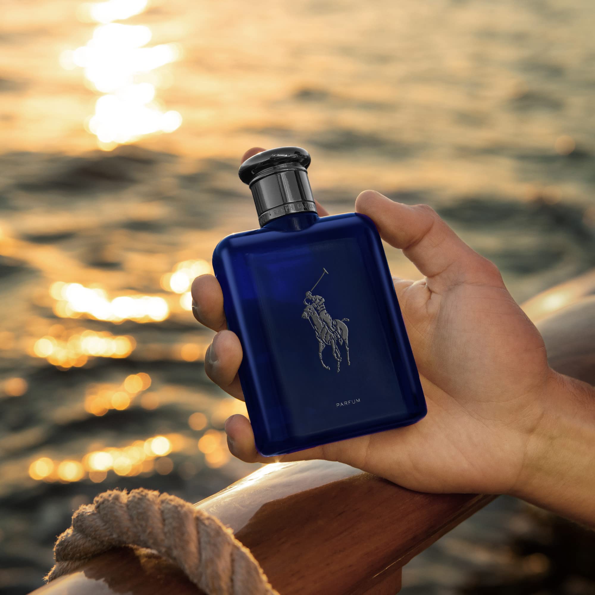Polo Blue parfum spray close-up reveals fresh, aquatic notes for instant confidence