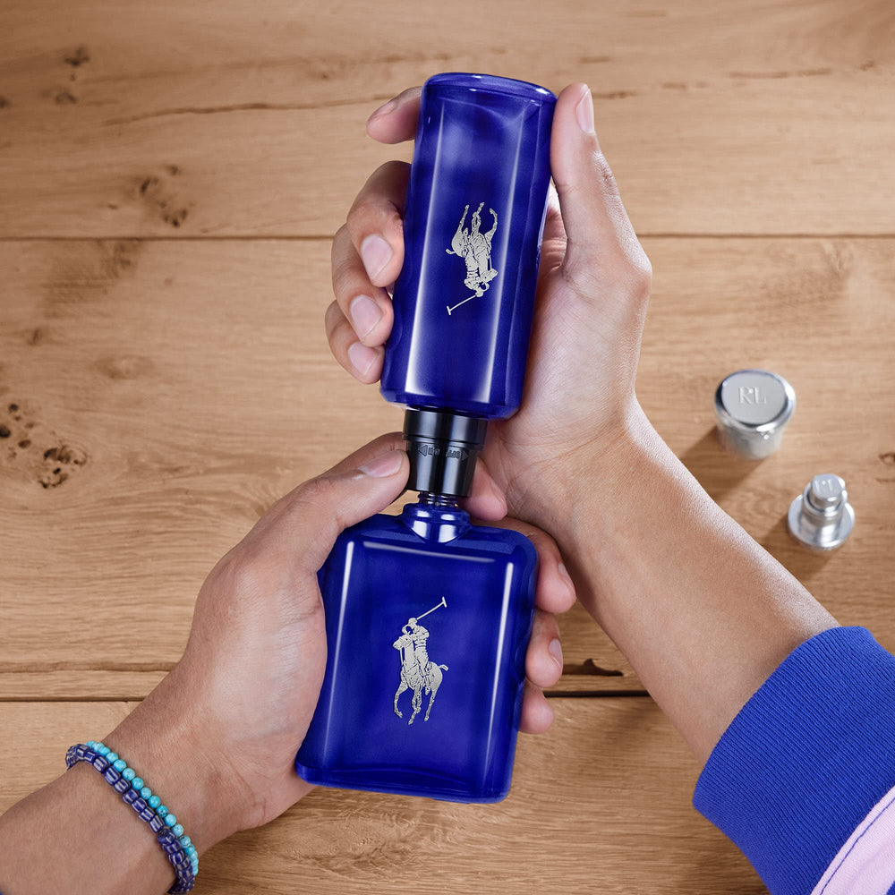Polo Blue refill packaging highlights sustainability and convenient reapplication.