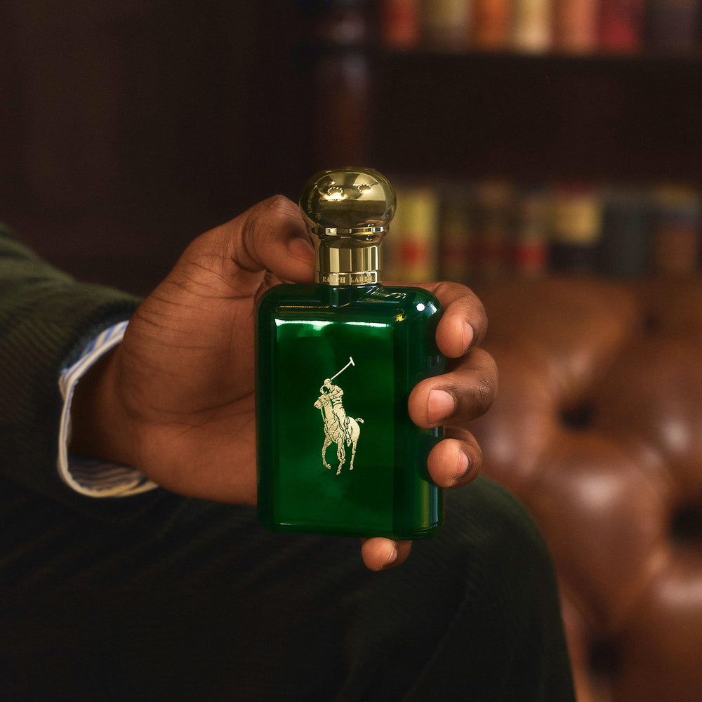 Polo EDT pine-note close-up conveys fresh outdoorsy vibe for morning routines.