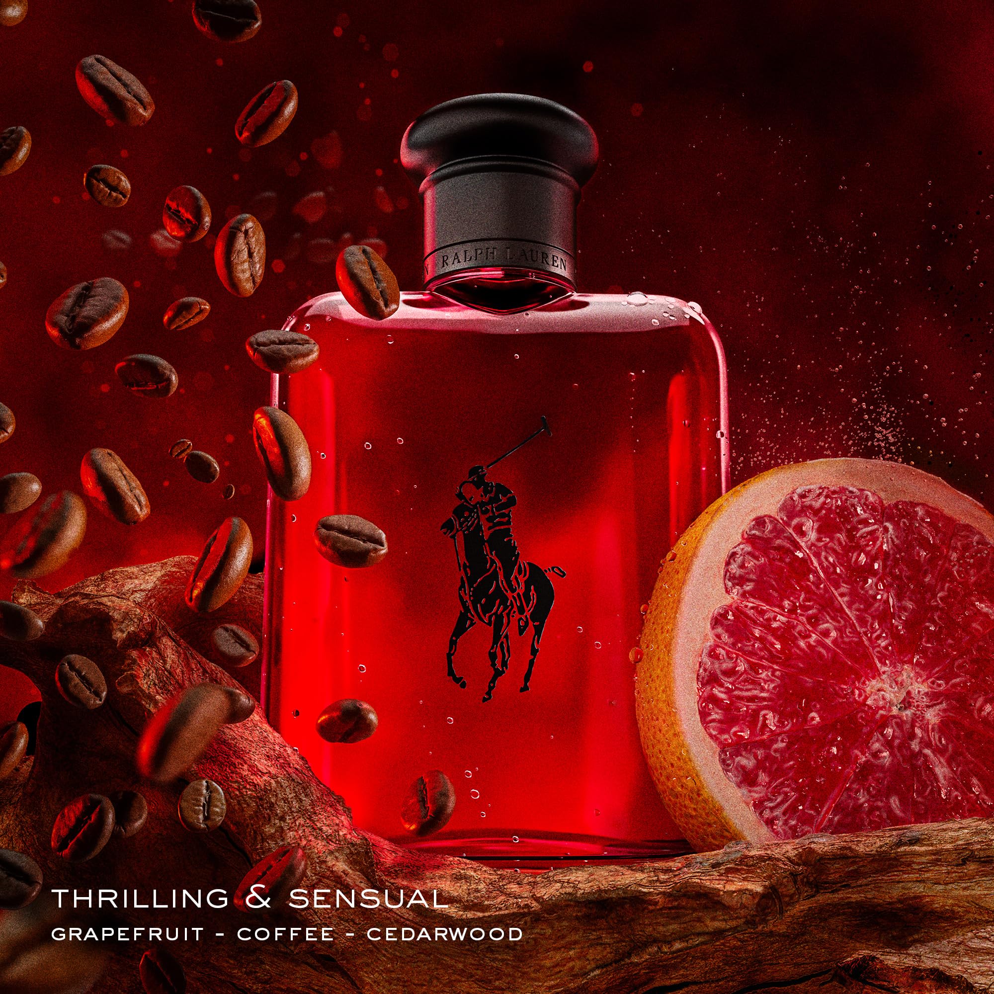 Ralph Lauren Polo Red bottle angled side shot highlights sleek curves for a modern statement.