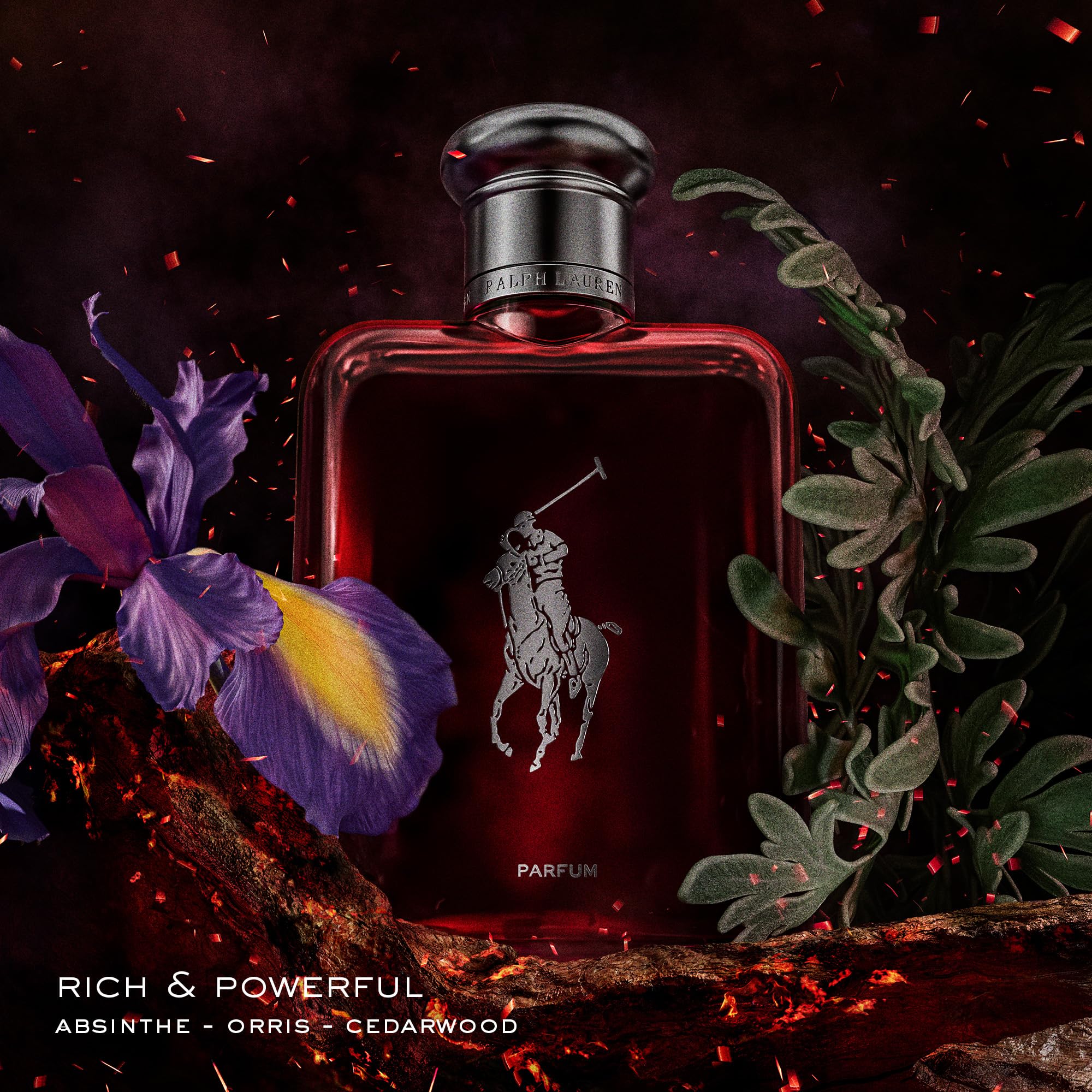 Polo Red Parfum absinthe-cedarwood swirl suggests amber-woody notes for confident evenings.