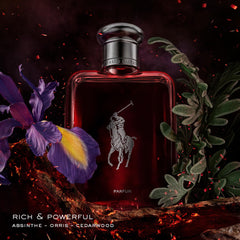 Polo Red Parfum absinthe-cedarwood swirl suggests amber-woody notes for confident evenings.