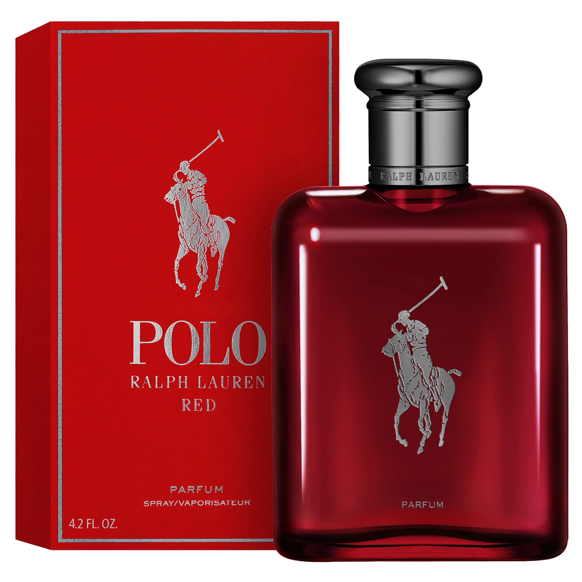 Metallic accents catch light, boosting shelf appeal for Polo Red Parfum.