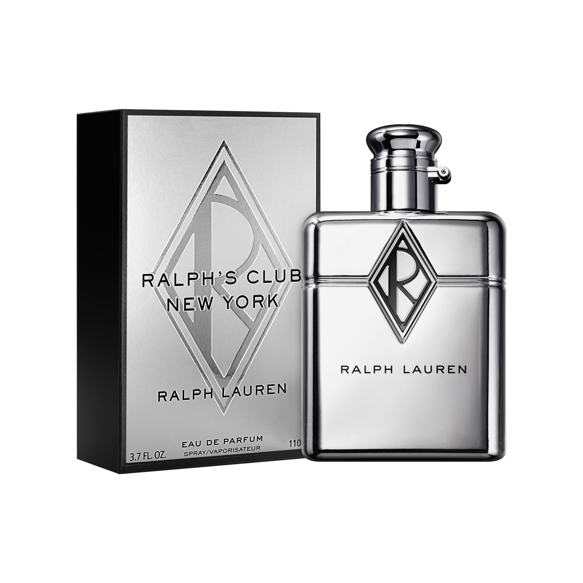 Ralph Lauren Fragrances Ralph's Club New York bottle closeup shows chrome finish luxury.