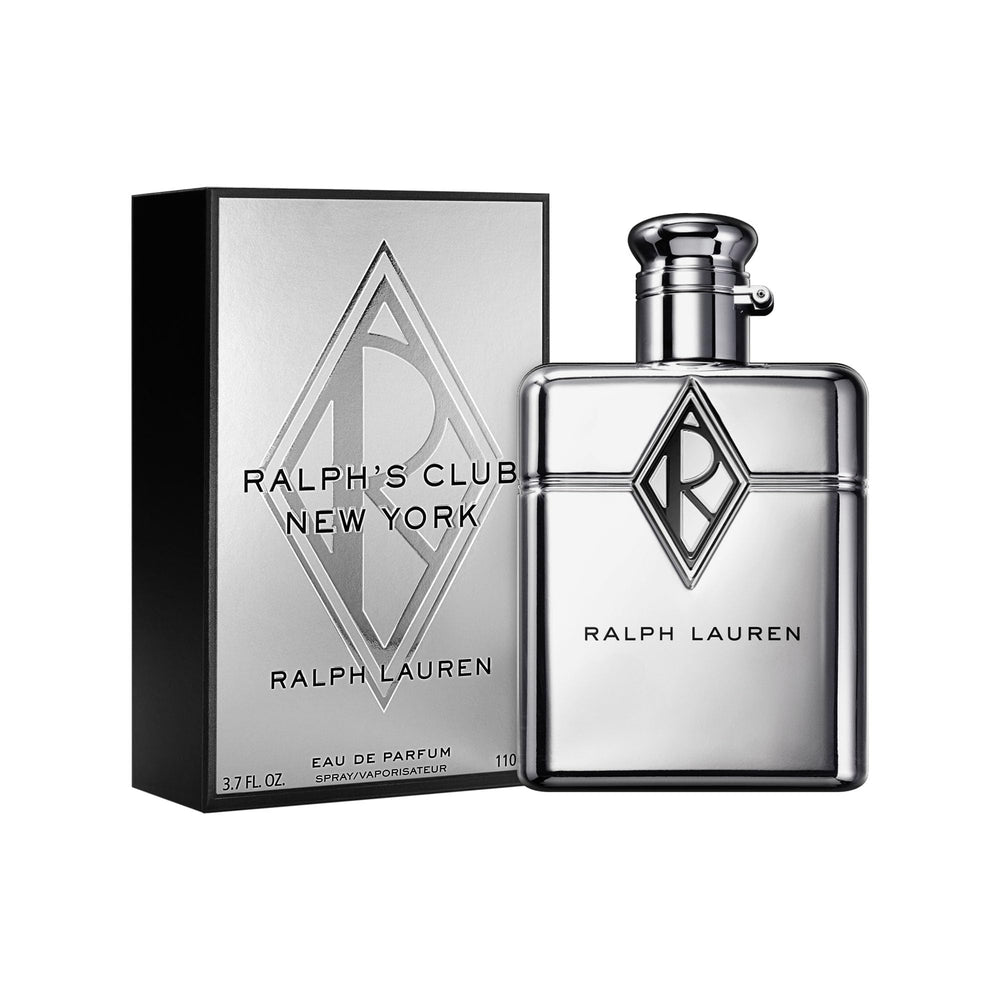 Ralph Lauren Fragrances Ralph's Club New York bottle closeup shows chrome finish luxury.