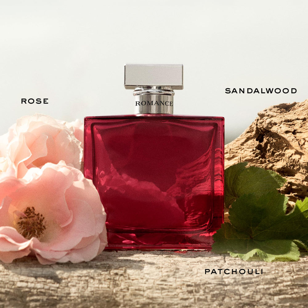 Ralph Lauren Fragrances Romance Intense close-up highlighting rose and sandalwood notes.