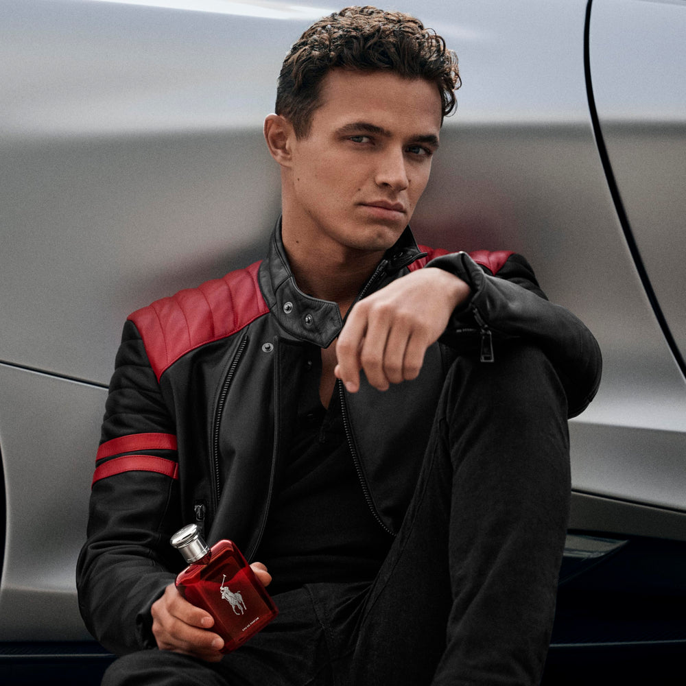 Polo Red bottle with polo pony emblem signals timeless luxury.