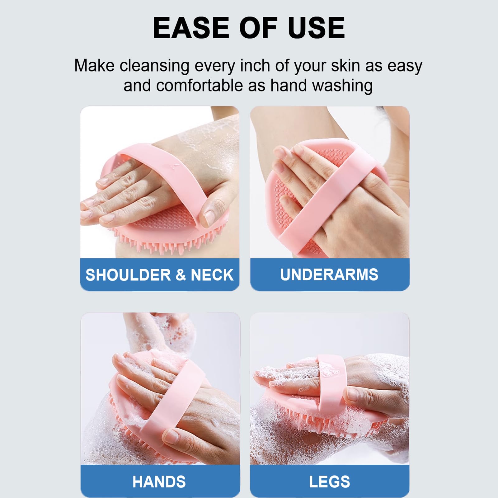 RamPula silicone body scrubber ergonomic handle provides a secure grip during cleansing.