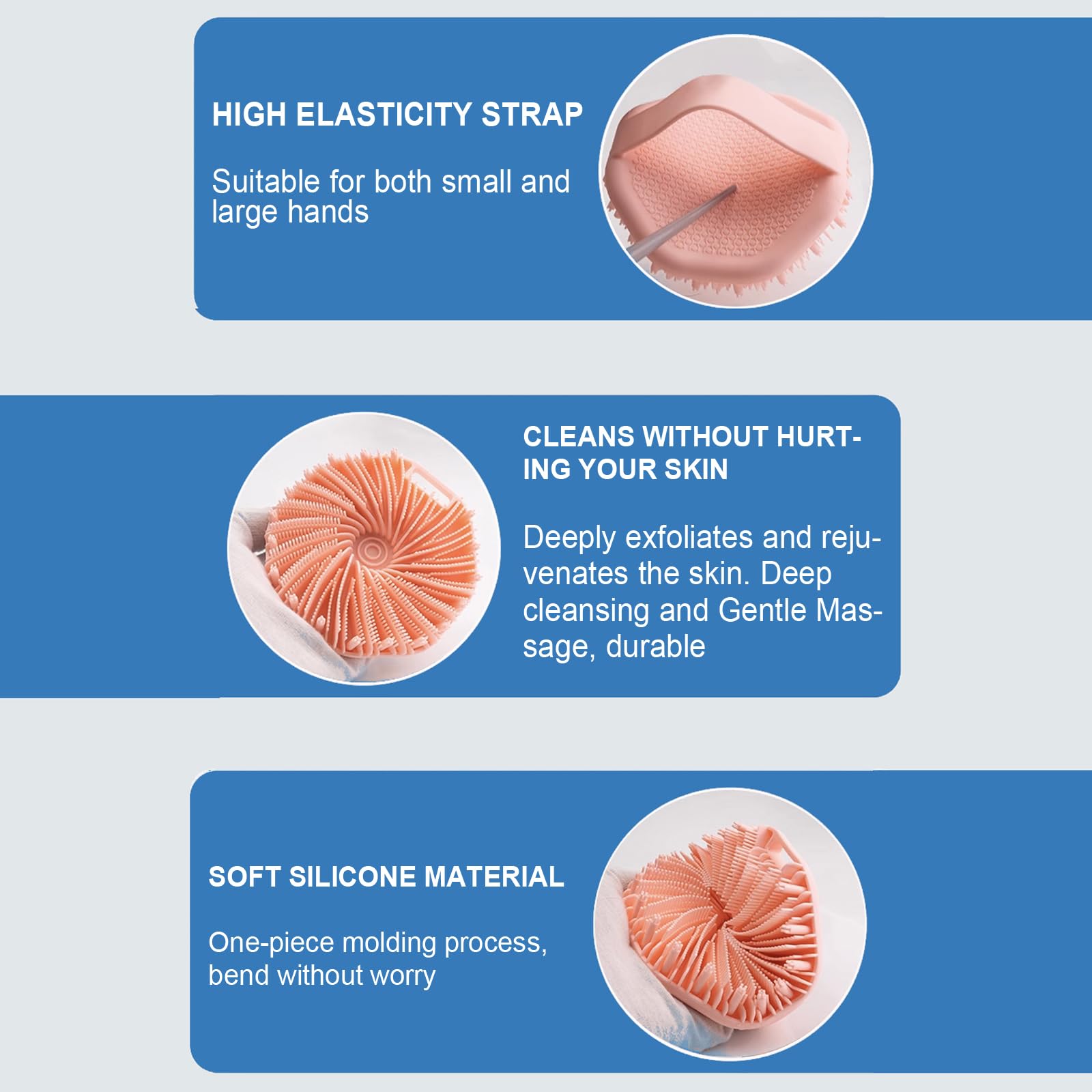 RamPula silicone body scrubber non-slip grip ensures secure use in wet showers.