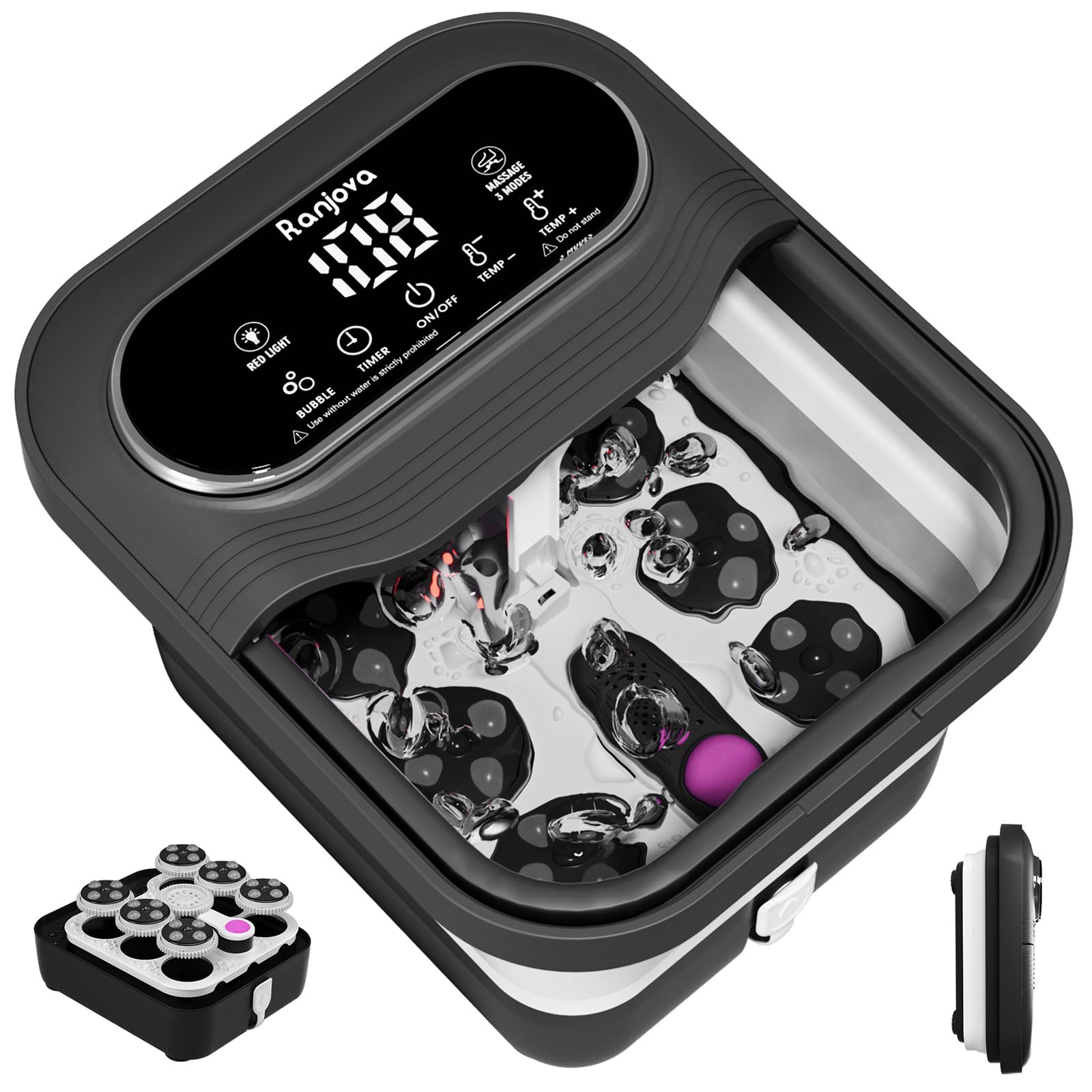 Ranjova collapsible foot spa black front view for easy storage and use.