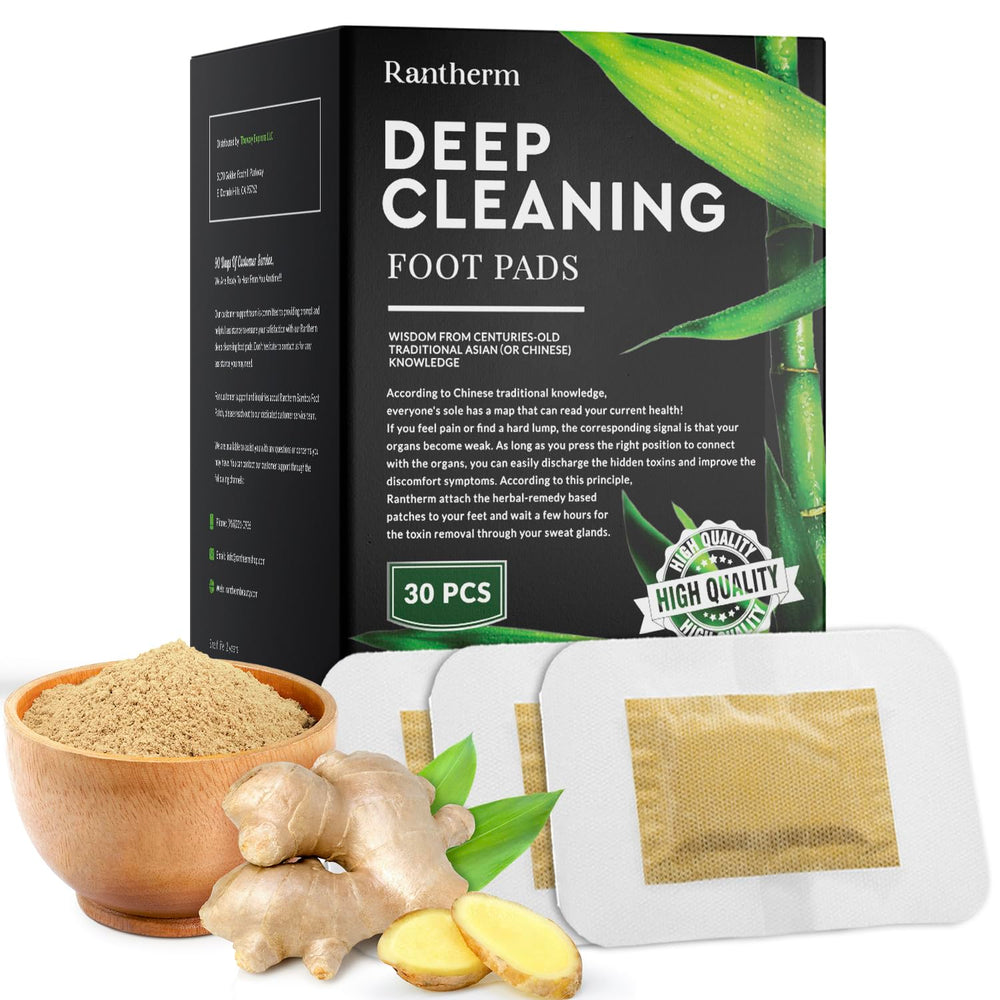 Rantherm foot patches on feet, hinting at a morning-refresh result.