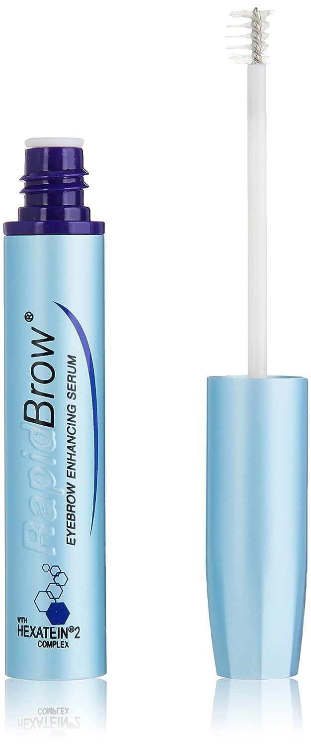 RapidBrow serum bottle close-up showing clear nourishing formula
