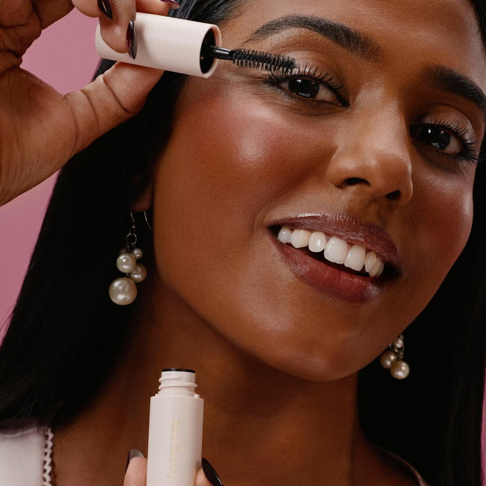 Rare Beauty Brow Harmony gel application tube closeup for flexible brow shaping.