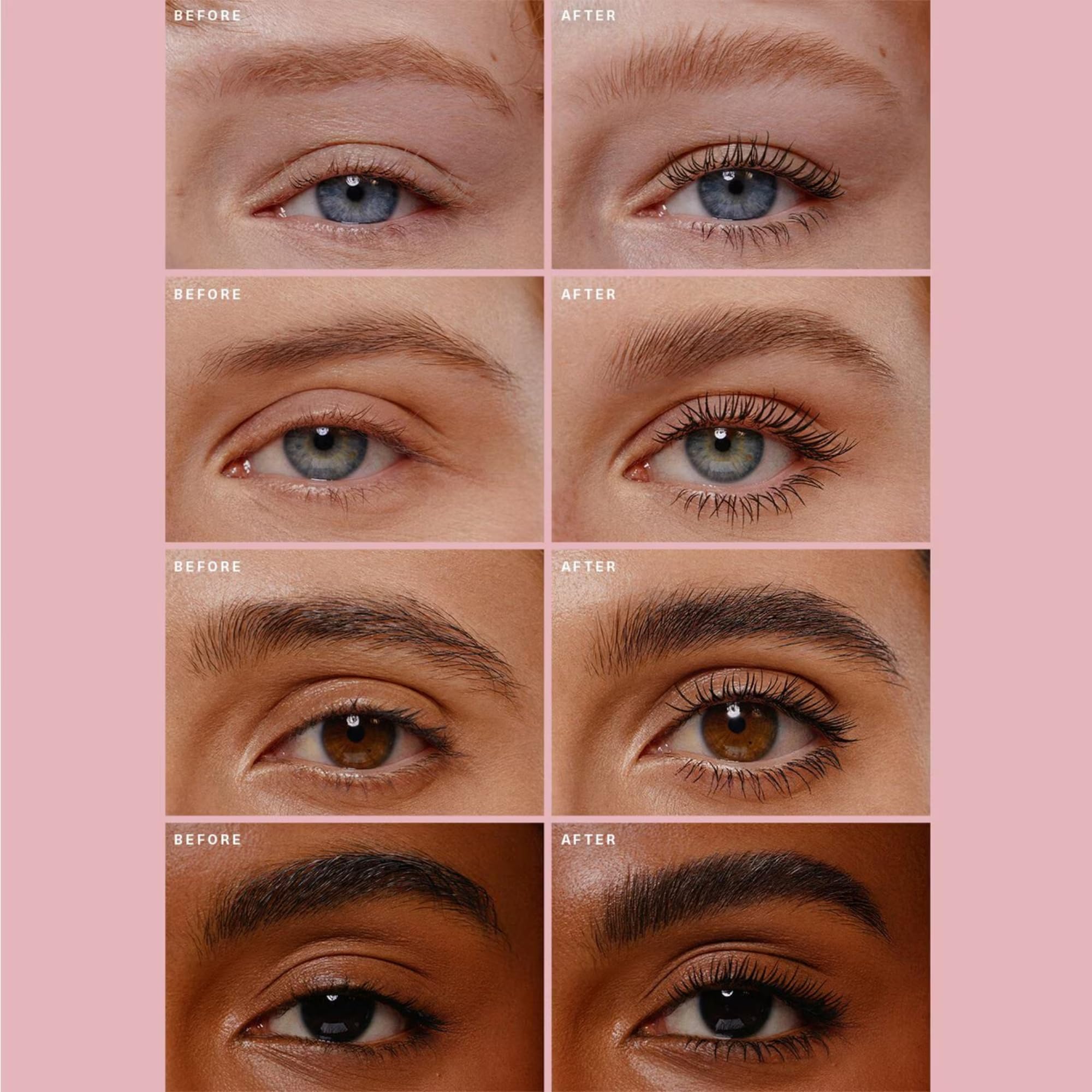 Rare Beauty Lash & Brow Essentials Set shows defined lashes and sculpted brows.